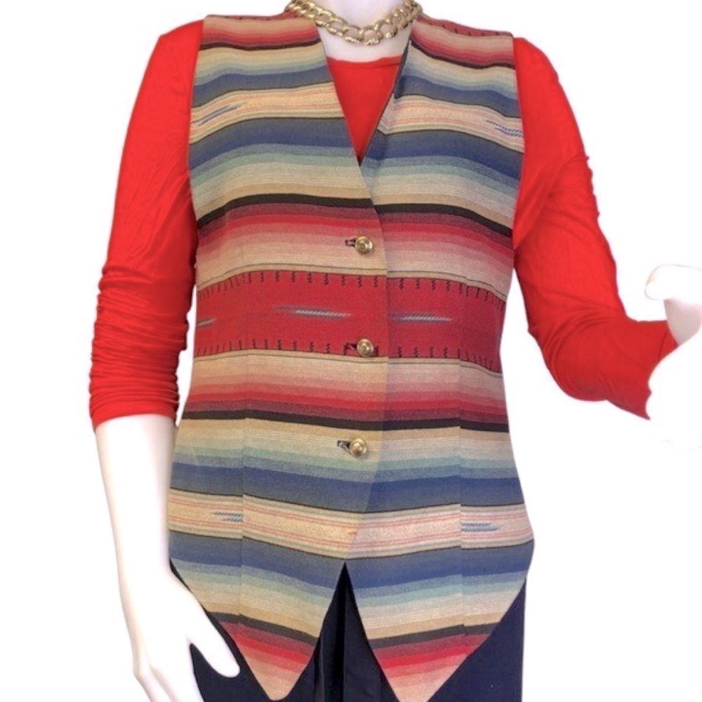 Vintage Multicolor Southwestern Stripe Vest with Red Accents